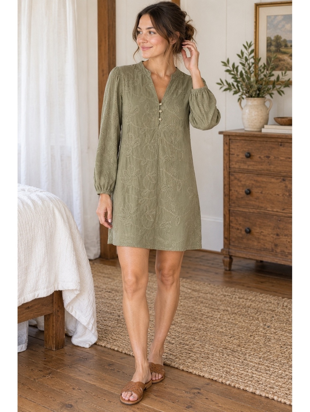 Olive Green Eyelet Mini Dress Dear John Embroidered Boho Cotton XS